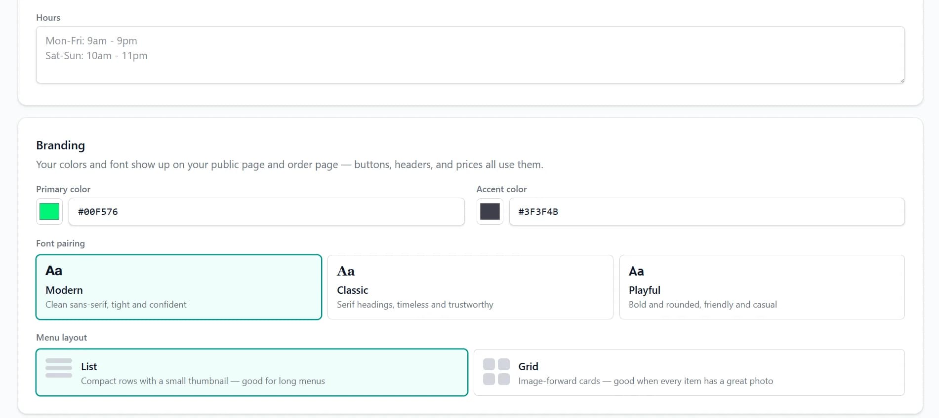 Qasid branding controls for colours, fonts and menu layout