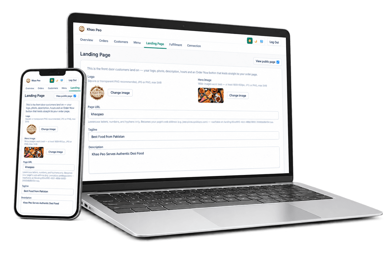 Qasid landing page editor shown clearly on a laptop and mobile phone