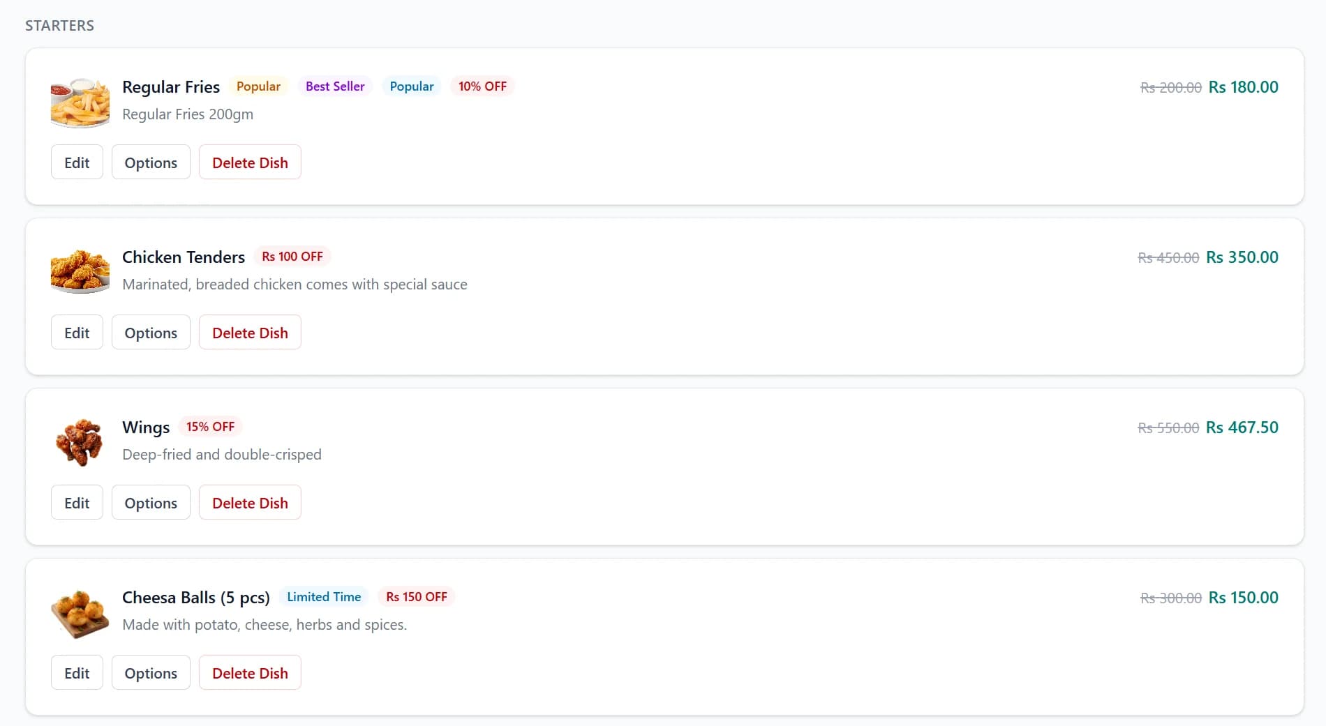 Qasid menu controls with prices, badges and availability