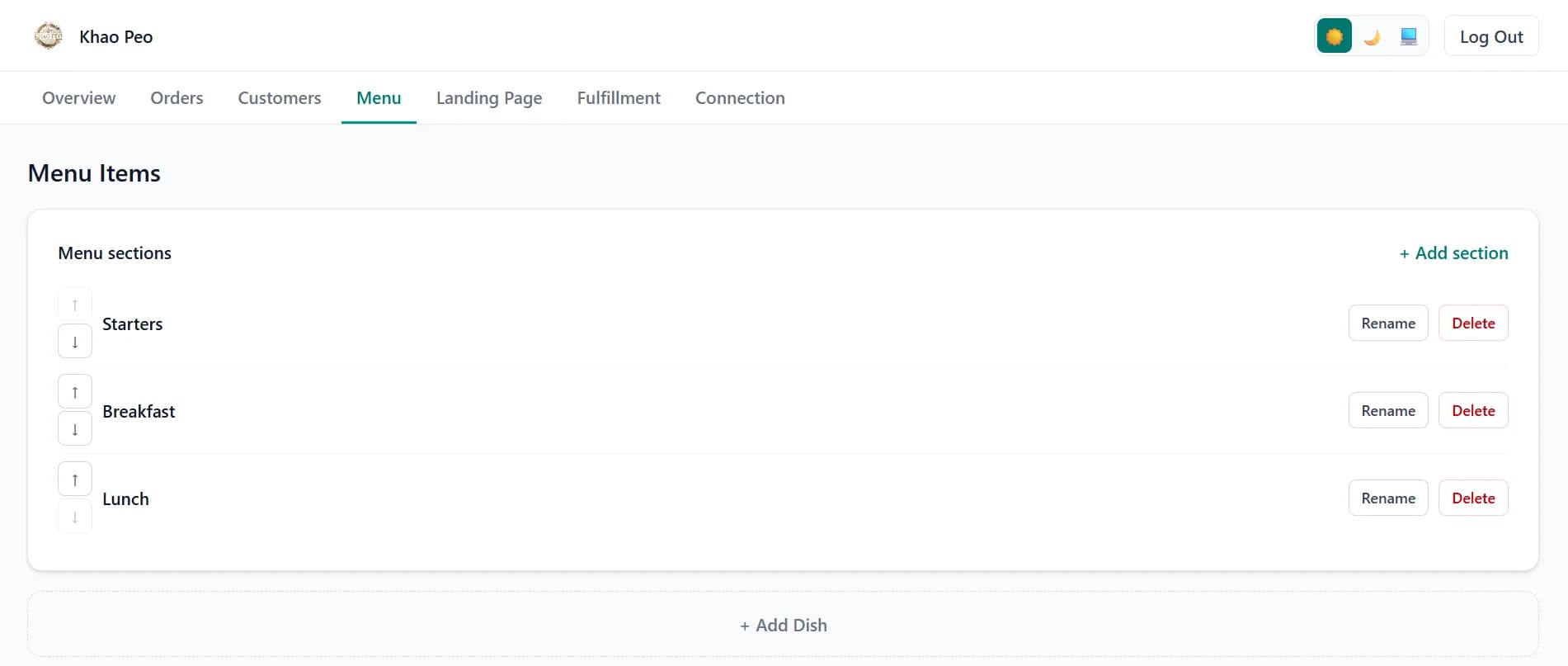 Qasid menu sections on desktop