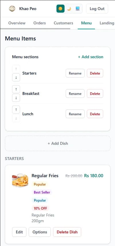 Qasid menu sections on mobile