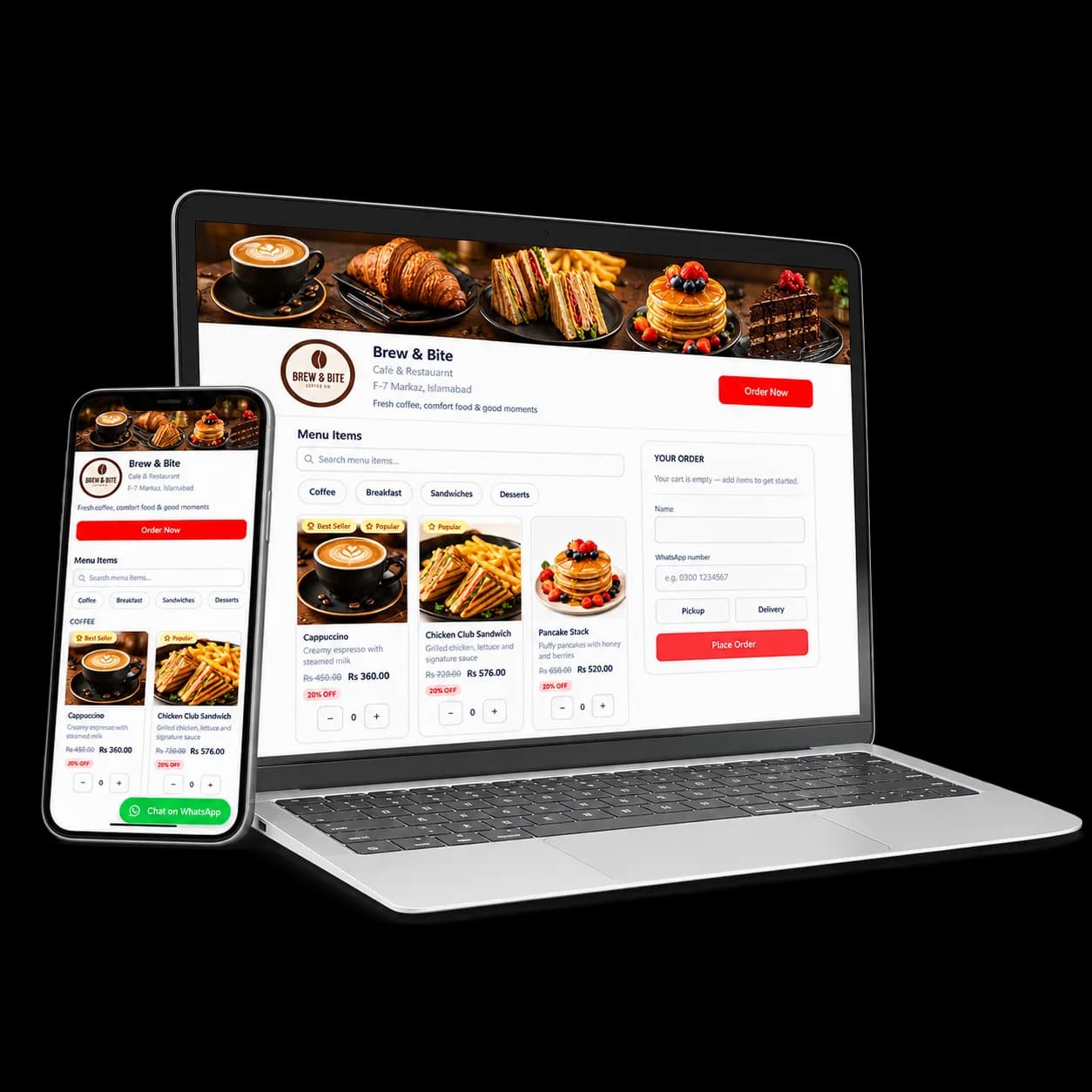 A branded Qasid café ordering website shown on a laptop and mobile phone
