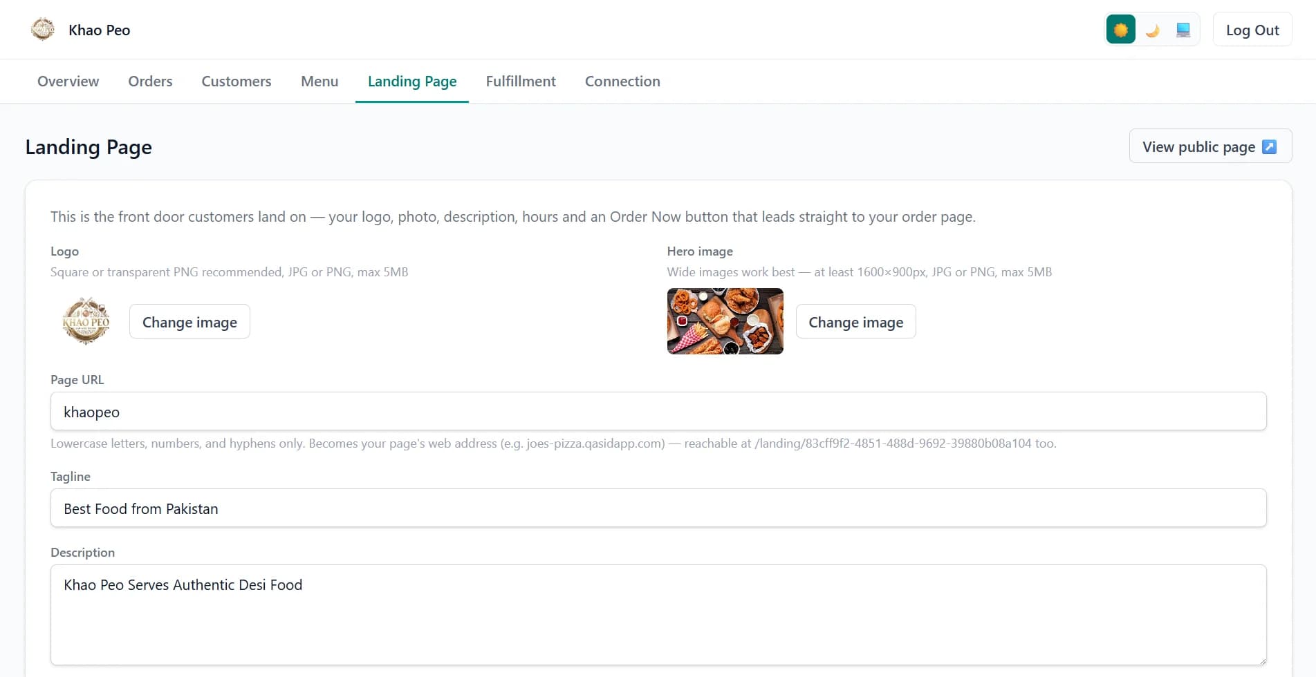 Qasid landing page controls on desktop