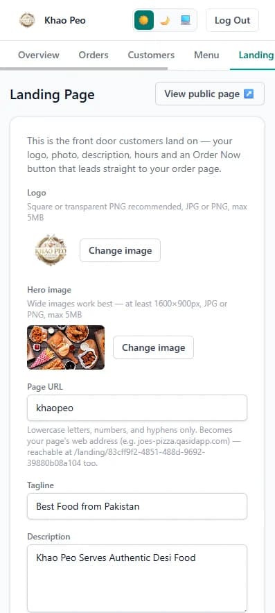 Qasid landing page controls on mobile