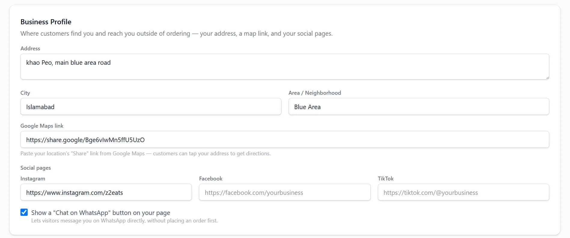 Qasid business profile controls on desktop