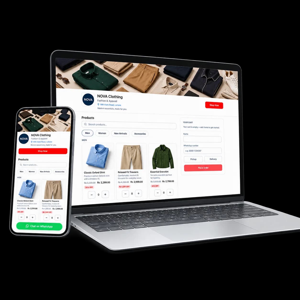 NOVA Clothing ecommerce ordering website on laptop and mobile