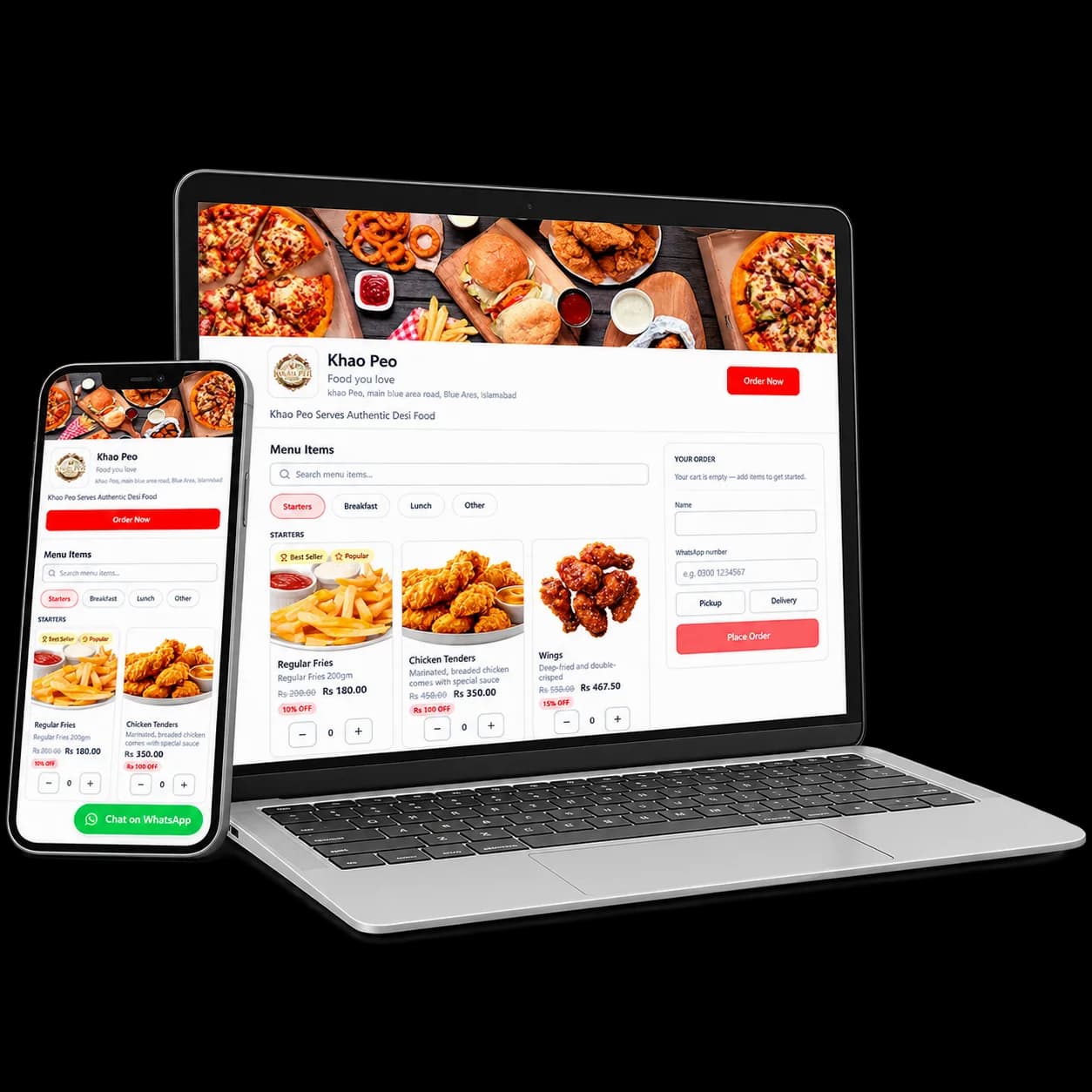 Khao Peo restaurant ordering website on laptop and mobile