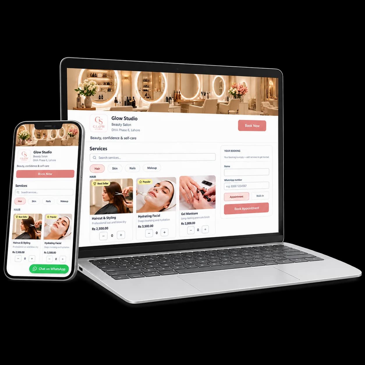 Glow Studio salon service booking website on laptop and mobile