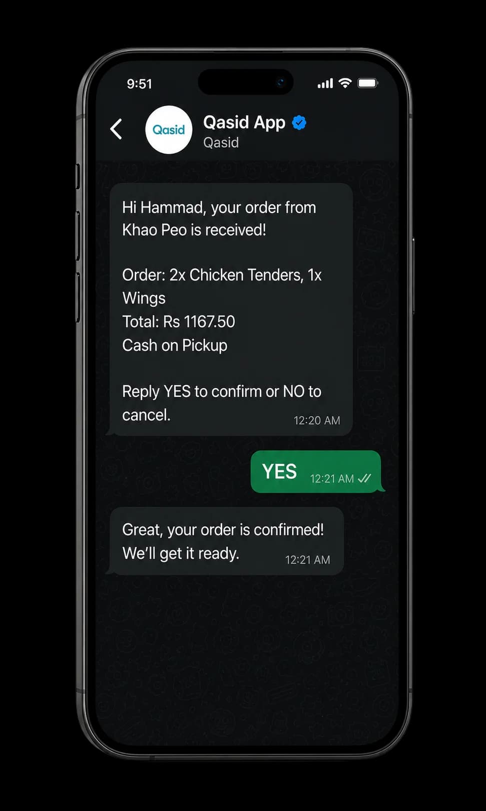 Qasid WhatsApp order confirmation conversation