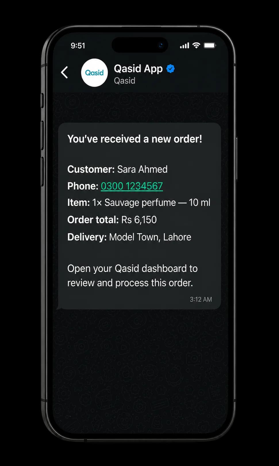 Qasid WhatsApp new-order notification for a business owner